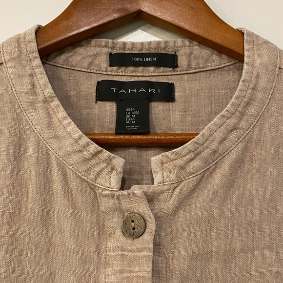 TAHARI Button Up Blouse Womens Medium Khaki 100% Linen - Lagenlook Pockets ▪️ - Picture 2 of 5